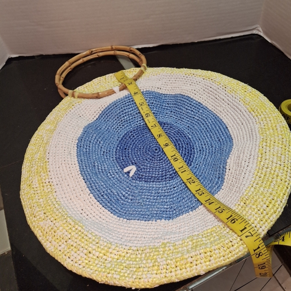 Handmade Round Concentric Circles Plastic Weave Bamboo Handles Large Purse Bag - Picture 14 of 16